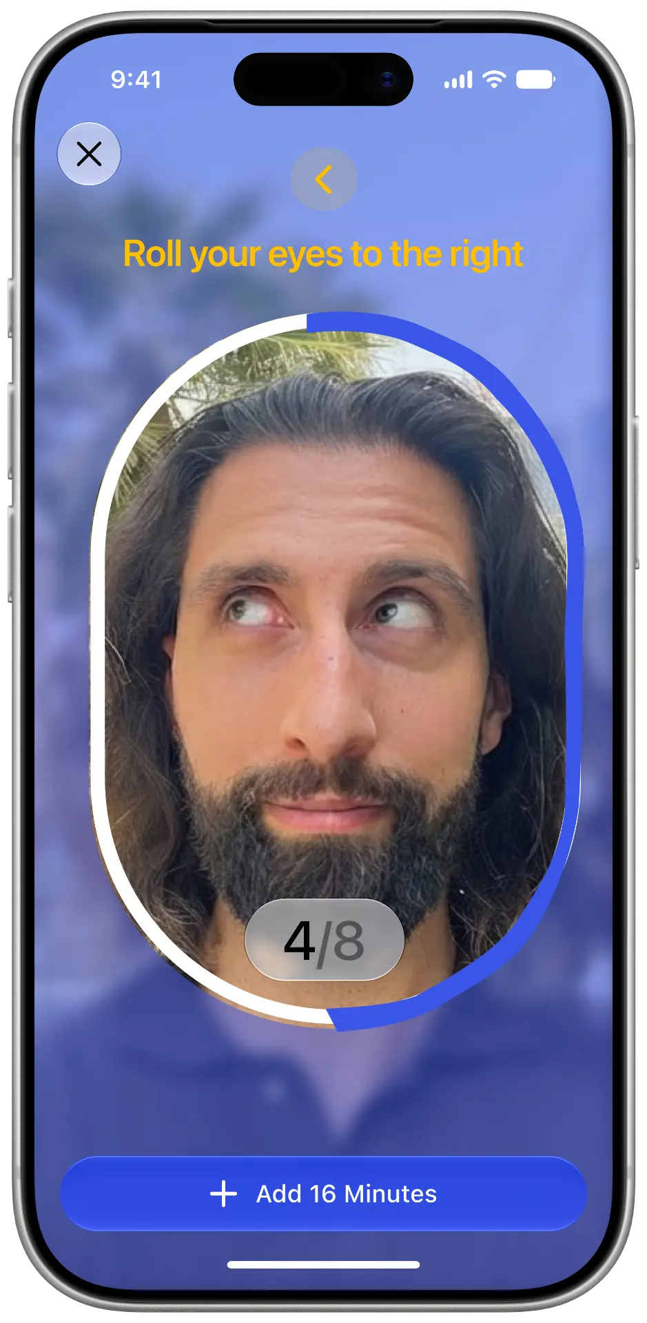 Eye workout screen prompting to roll your eyes to the right